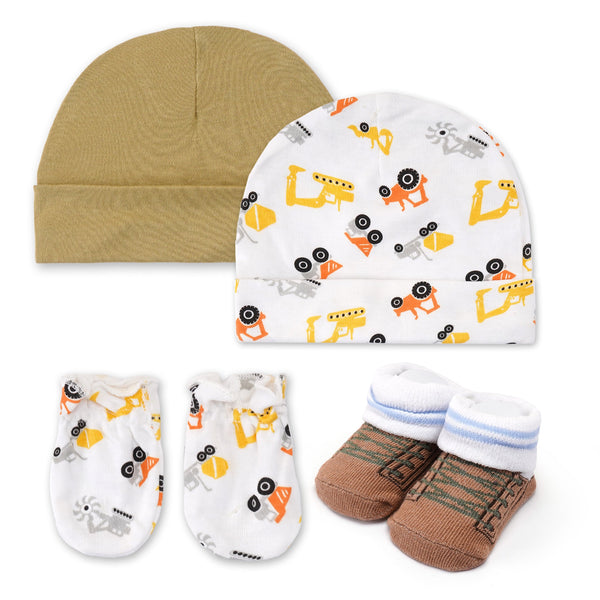 BABY 4 PCS BOOTIES GLOVE AND CAPS SET TRUCK WHITE (0-6 MONTHS) - SUNSHINE