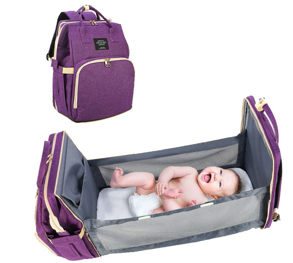 4In1 Multi-Purpose Baby Diapers Bag (Waterproof) With Portable Bed Purple - Sunshine