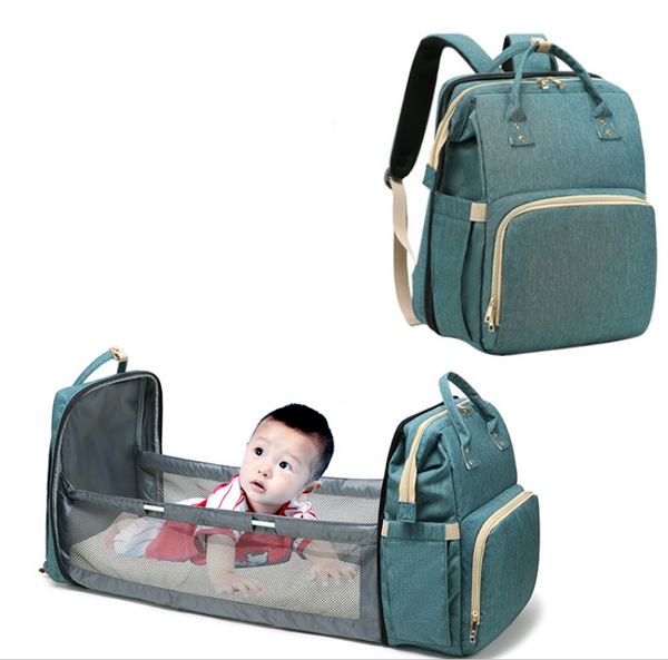 4In1 Multi-Purpose Baby Diapers Bag (Waterproof) With Portable Bed Green - Sunshine