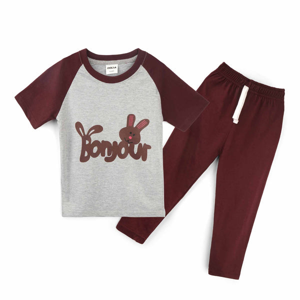Oolaa Kids Raglan Half Sleeves Printed Pajama Set Bonjour Grey & Maroon