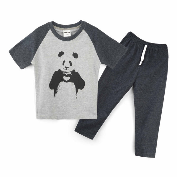 Kids Raglan Half Sleeves Printed Pajama Set Panda Grey & Charcoal - Mini Charm