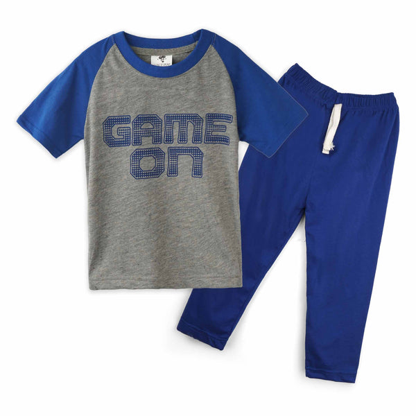 Kids Raglan Half Sleeves Printed Pajama Set Game On Blue - Mini Charm