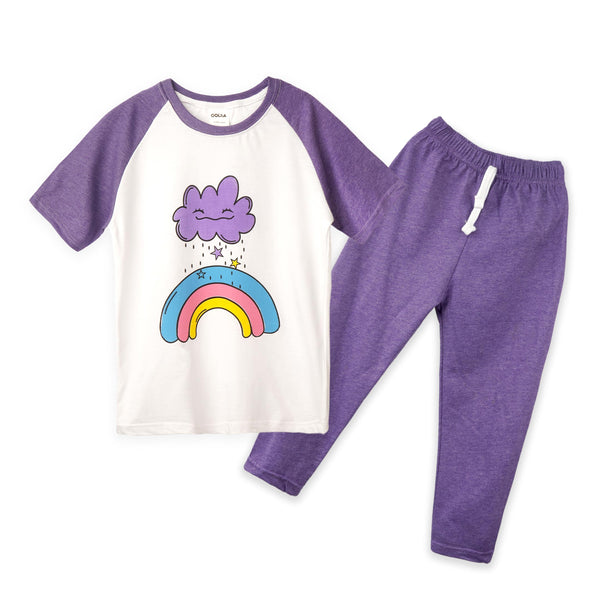 Kids Raglan Half Sleeves Printed Pajama Set Rainbow Purple - Mini Charm