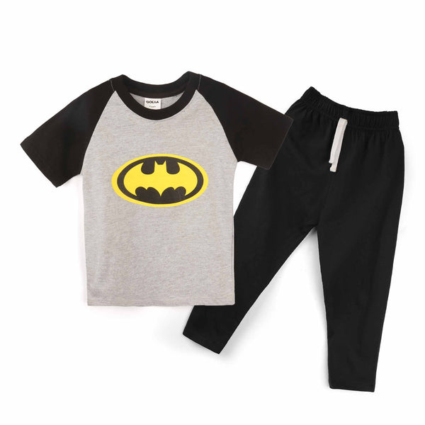 Kids Raglan Half Sleeves Printed Pajama Set Batman Grey & Black - Mini Charm
