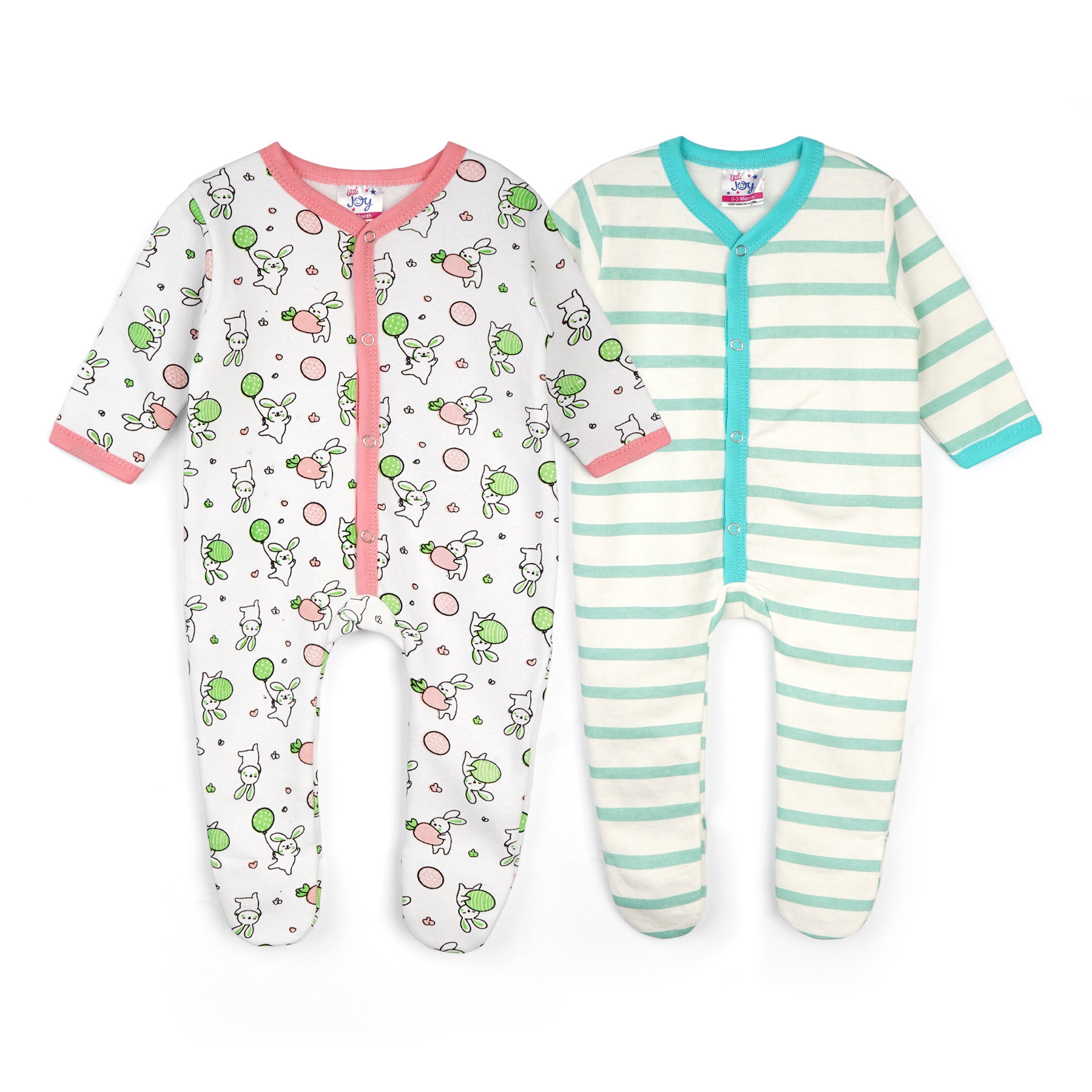 Oolaa Baby Fleece Sleepsuit Pack Of 2 Rabbit Green & Pink Baby