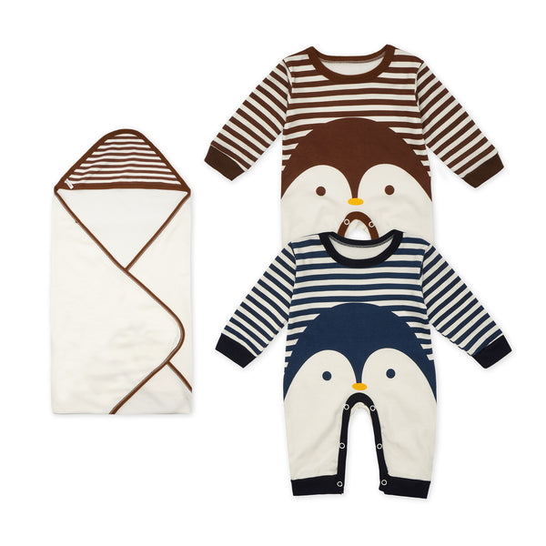 Little One Baby 2 Pcs Bodysuit & Wrapping Sheet Penguin Brown & Blue(0-6 Months)