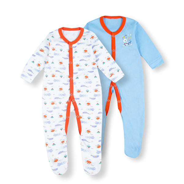 Baby Full Body Romper With Attached Socks Pack Of 2 Rabbit Blue - Sunshine