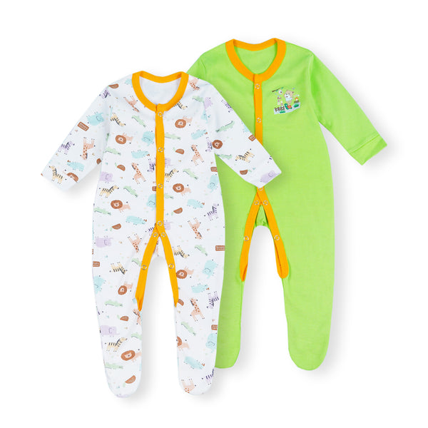 Baby Full Body Romper With Attached Socks Pack Of 2 Bear Green - Sunshine