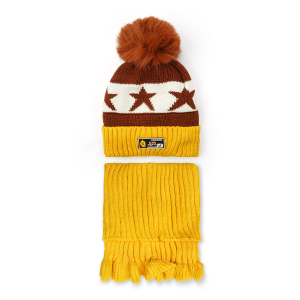 Knitted Cap & Neck Warmer Set Brown & Mustard - Sunshine