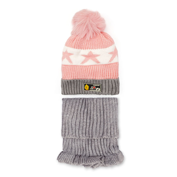 Knitted Cap & Neck Warmer Set Grey & Pink - Sunshine