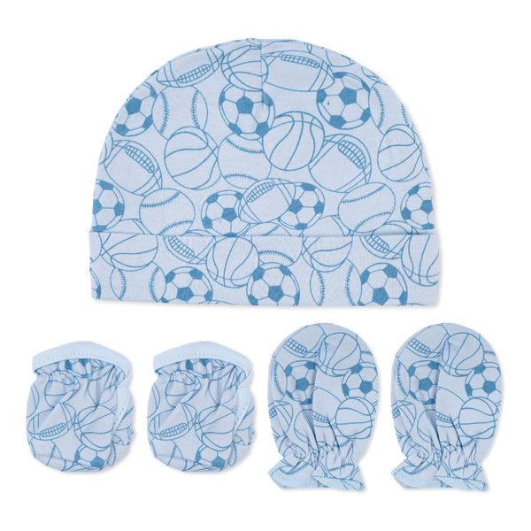 Baby 3Pcs Caps & Mittens Set Blue Football - Sunshine