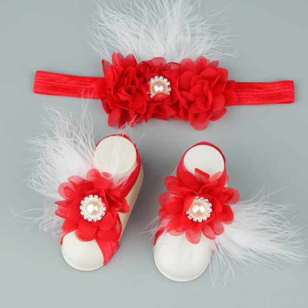 BABY BUBBLE NEWBORN RIBBON BOOTIES & HAIR BAND RED
