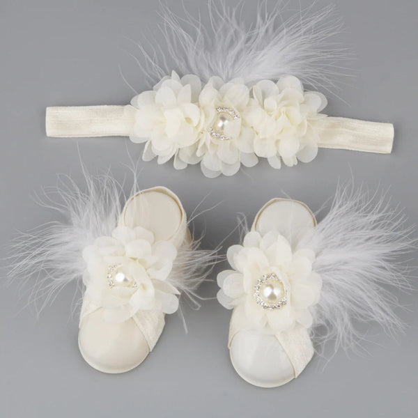 BABY BUBBLE NEWBORN RIBBON BOOTIES & HAIR BAND OFF WHITE
