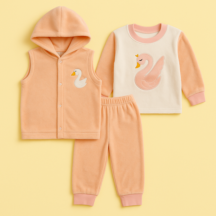 OOLAA WINTER BABY 3PCS HOODED PAJAMA  SET SWAN PEACH(2-3)Y