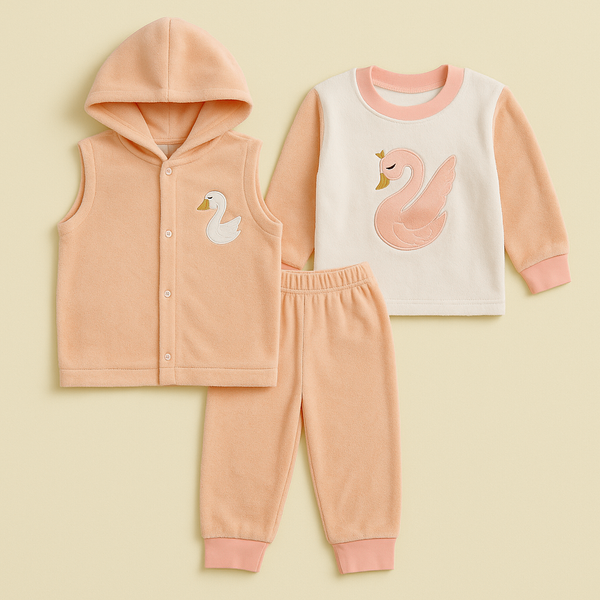 Baby 3Pcs Hooded Fleece Pajama Set Swan Peach - Oolaa