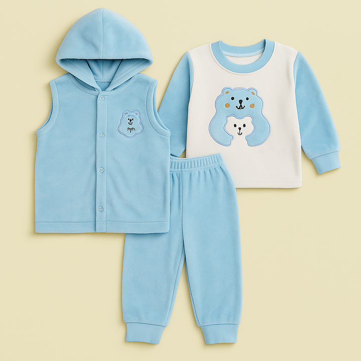 OOLAA WINTER BABY 3PCS HOODED PAJAMA  SET BEAR BLUE(2-3)Y