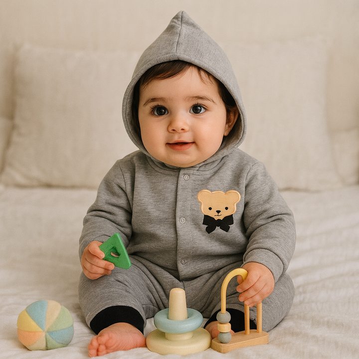 OOLAA  BABY FLEECE HOOEDED ROMPER BOW BEAR TEXTURED GREY 2-3Y