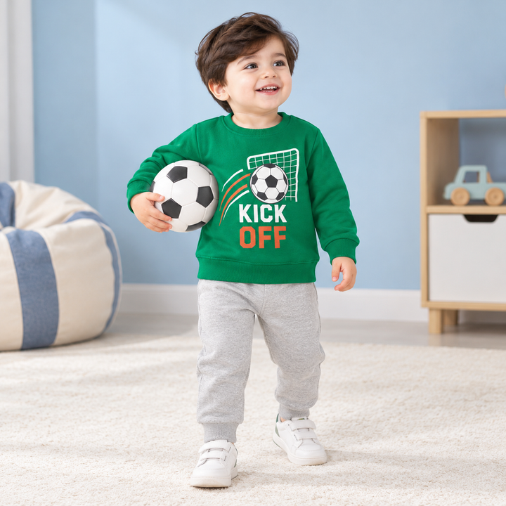 Kids Printed Fleece Tracksuit Football Green & Grey - Mini Charm – Baby ...