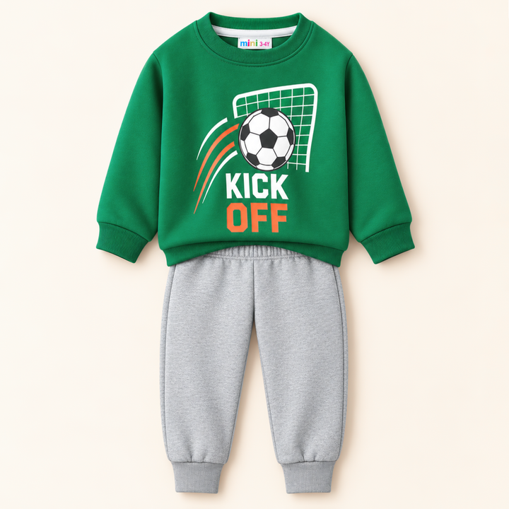 Kids Printed Fleece Tracksuit Football Green & Grey - Mini Charm – Baby ...