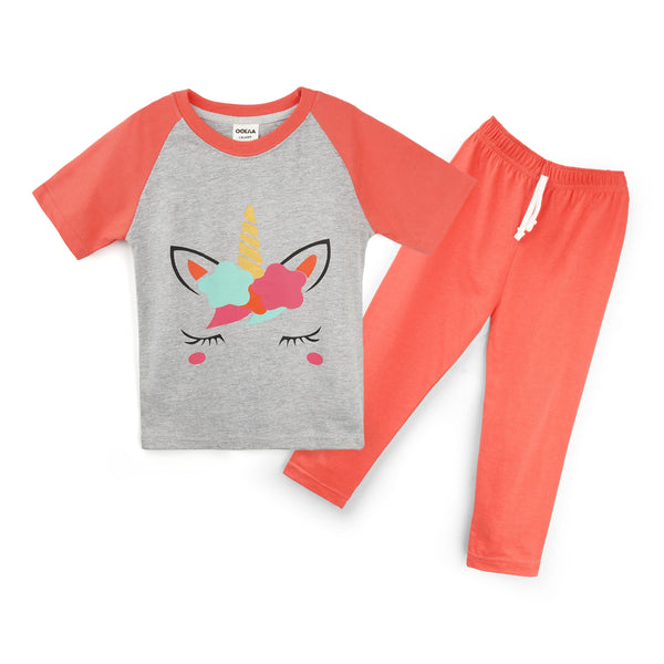 Oolaa Kids Raglan Half Sleeves Printed Pajama Set Grey & Peach Unicorn