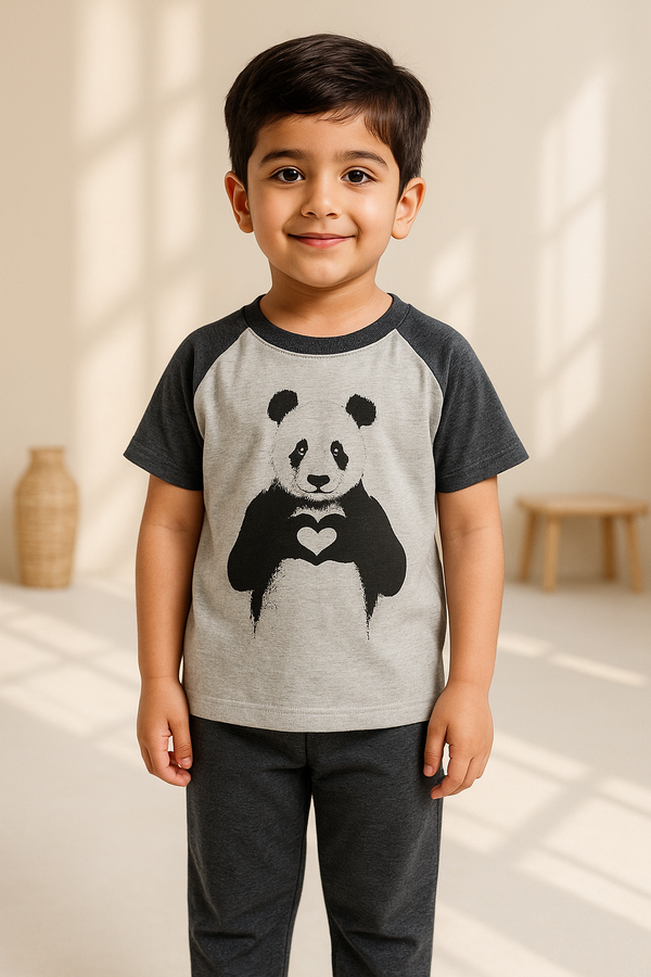 Kids Raglan Half Sleeves Printed Pajama Set Panda Grey & Charcoal - Mini Charm
