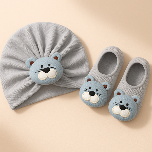 Baby Turban Cap & Booties Set Grey Cat - Sunshine