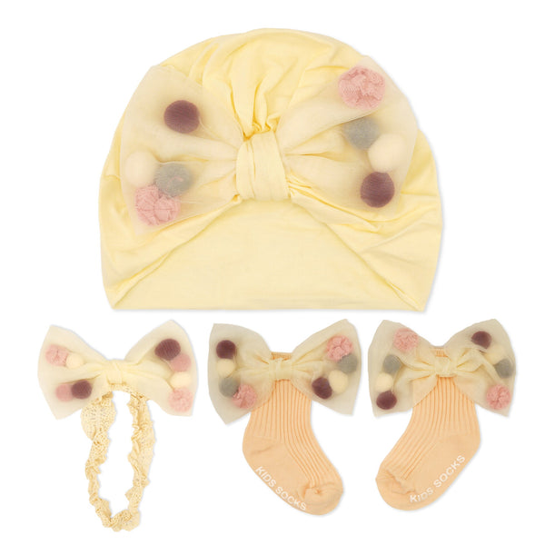 3 Pcs Headband Socks & Cap Set Bow Plain Yellow - Sunshine