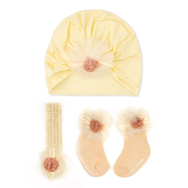 3 Pcs Headband Socks & Cap Set Yellow Flower - Sunshine