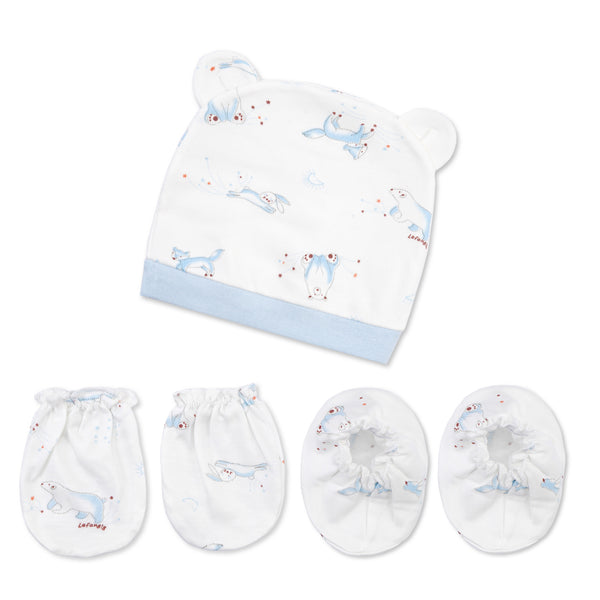 Baby Cap Mittens & Booties Set Blue & White Printed Animals - Sunshine