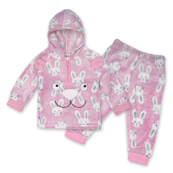 Baby Woolen Hoodie & Pajama Set Printed Rabbits Pink - Sunshine