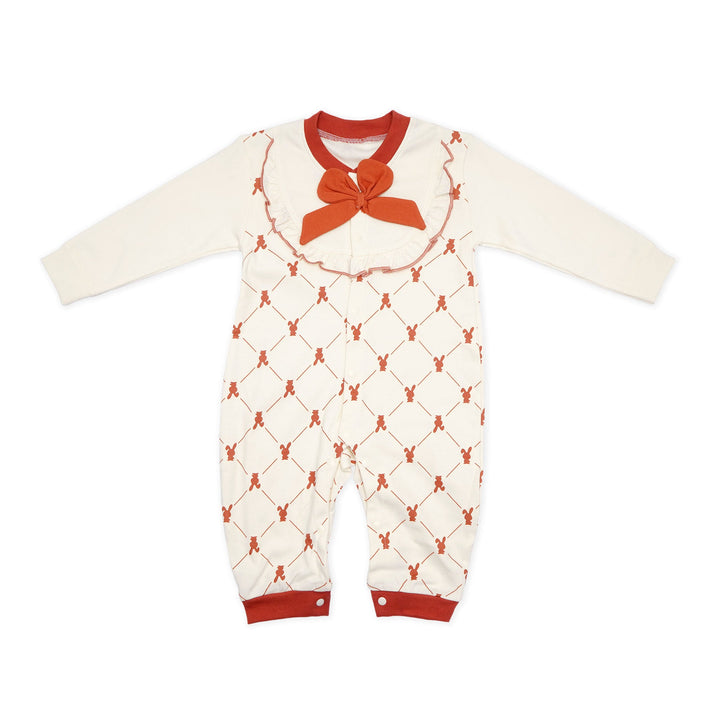 SUNSHINE GIRLS ROMPER BOW & RABBIT WHITE & DARK PEACH 90-52 (18-24) )