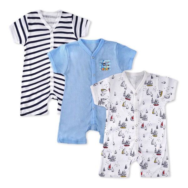 BABY PACK OF 3 SLEEPSUIT SHARK LETS DO LUNCH BLUE - SUNSHINE  (0-3 MONTHS)