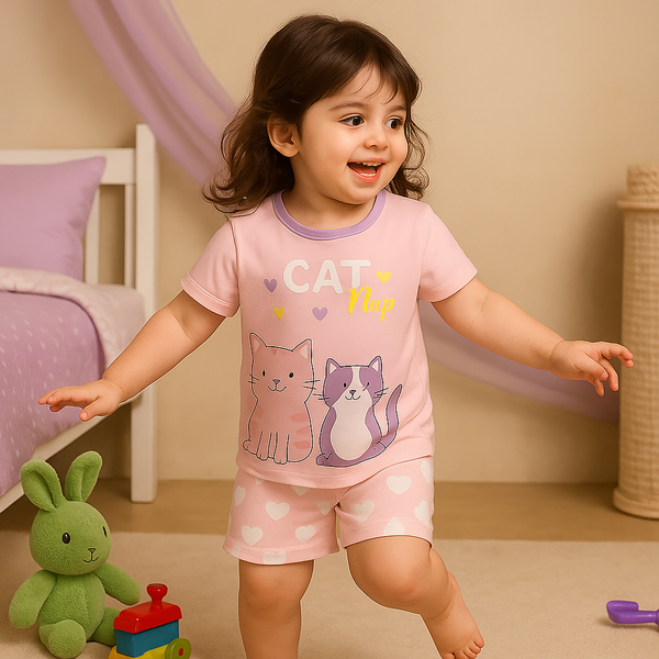 Kids T-Shirt & Short Set Printed Cat Pink - Sunshine