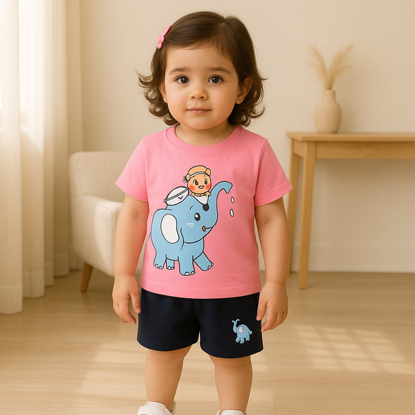 Kids T-Shirt & Short Set Printed Elephant Pink - Sunshine