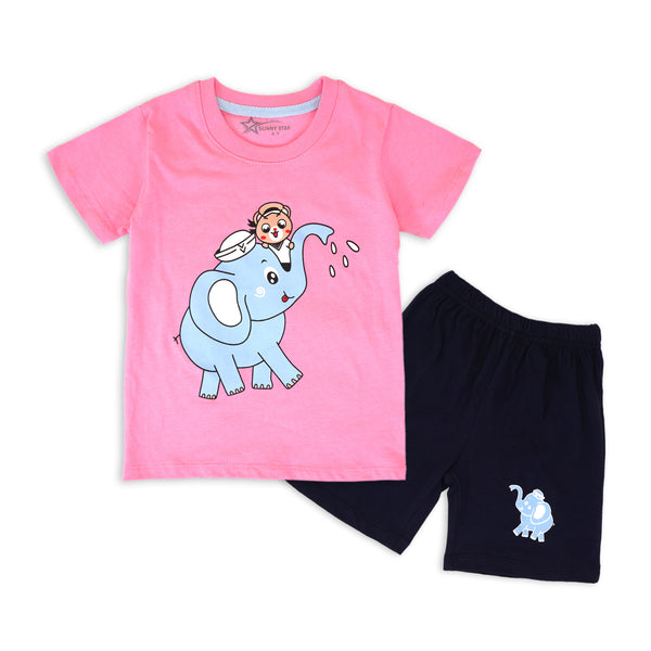 Kids T-Shirt & Short Set Printed Elephant Pink - Sunshine