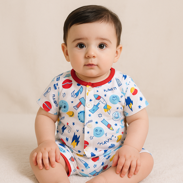 Baby Cotton Night Suit Planets Red - Sunshine