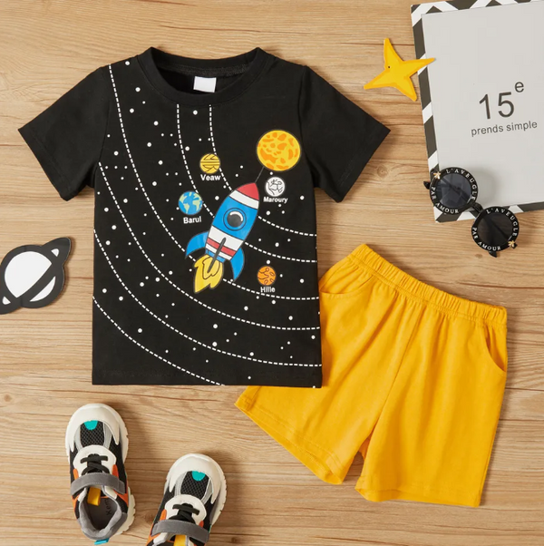 Kids T-Shirt & Short Set Printed Space Rocket Black - Sunshine