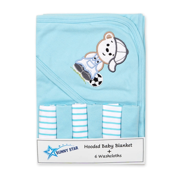 SUNSHINE PACK OF 7 HOODED WRAPPING SHEET AND WASH CLOTHS LIGHT BLUE