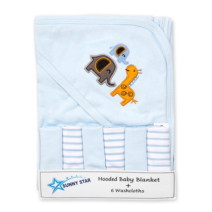 SUNSHINE PACK OF 7 HOODED WRAPPING SHEET AND WASH CLOTHS SKY BLUE