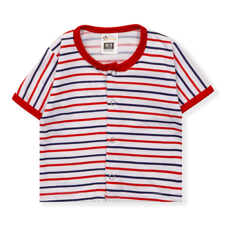 SLEEP SUIT SHIRT & SHORT SET STRIPES RED(3-6M) - SUNSHINE