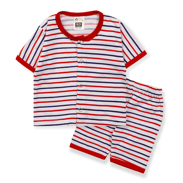 SLEEP SUIT SHIRT & SHORT SET STRIPES RED(3-6M) - SUNSHINE