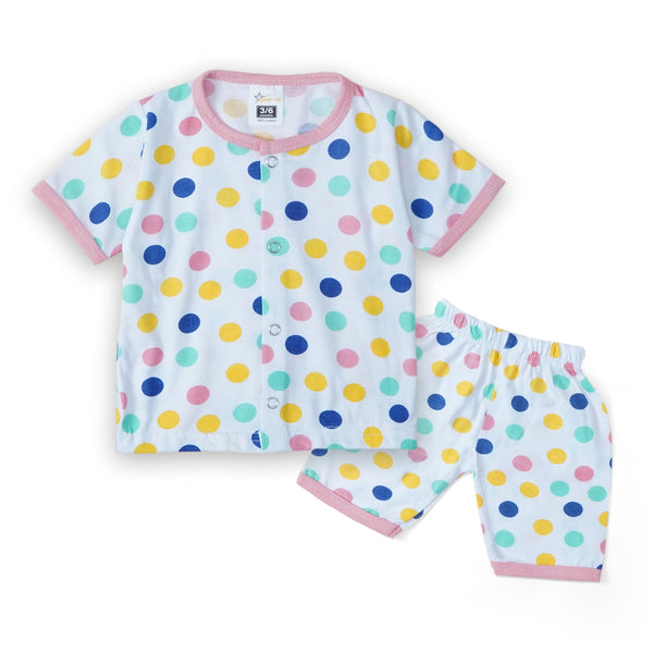 SUNSHINE SLEEPSUIT SHORT AND SHIRT BIG POLKA DOTS PINK 3-6 M