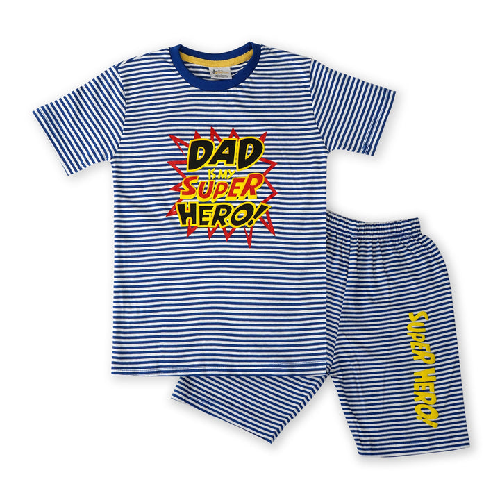 SUNSHINE KIDS SHORT SET DAD SUPER HERO BLUE STRIPES 3-4 YEARS