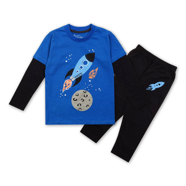 SUNSHINE KIDS SHORT & SHIRT ROCKET & MOON BLUE 7-8Y