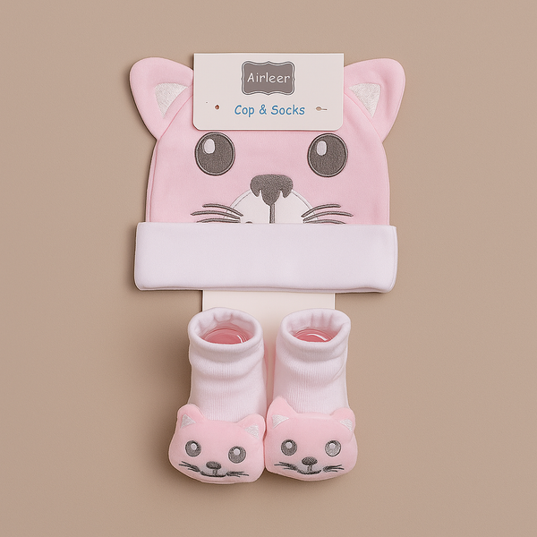 Baby Cap & Booties Set 3Pcs Kitty Pink - Sunshine