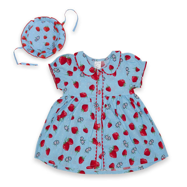 SUNSHINE GIRLS FROCK & CAP STRAWBERRY SKY BLUE NO-80-50(2Y)