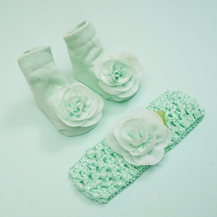 SUNSHINE BABY BOOTY & HEADBAND SET 2 PCS FLOWER SEA GREEN NB