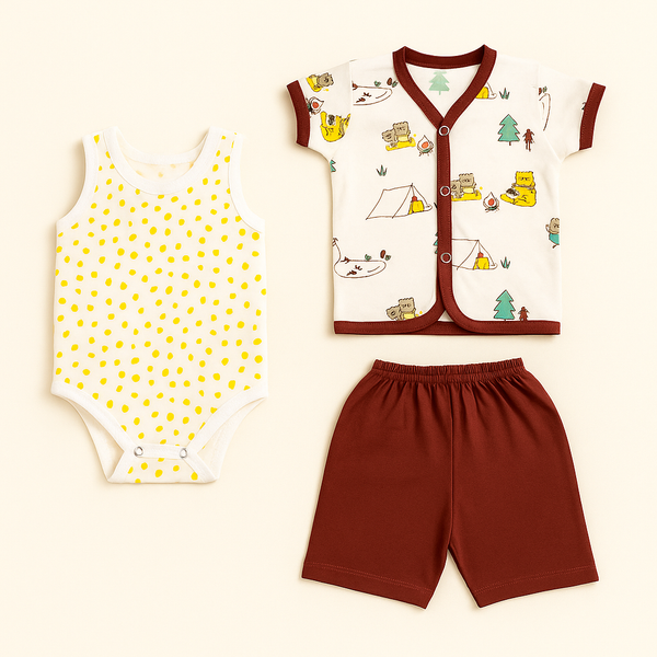 Baby 3Pcs Suit Set Camping Bear Maroon - Sunshine