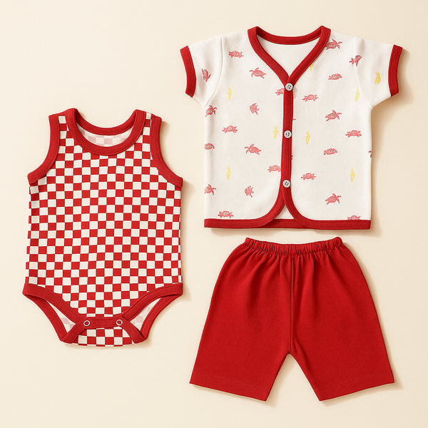 Baby 3Pcs Suit Set Crabs & Tortoise Red - Sunshine