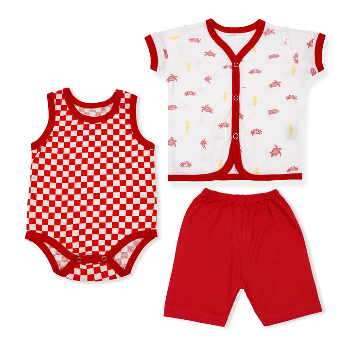 SUNSHINE BABY ROMPER GIFT SET PACK OF 3 CRABS & TORTOISE RED 6-9M